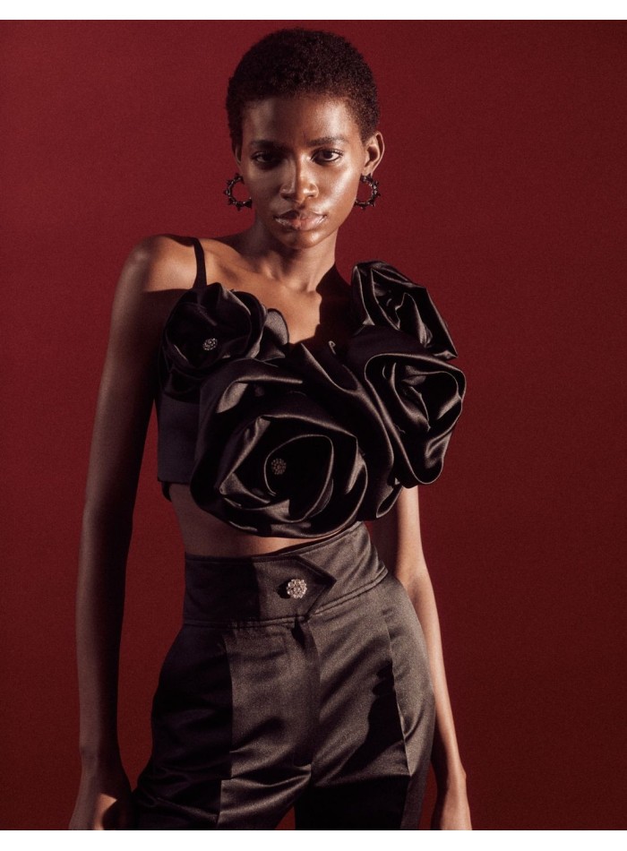 Satin party trousers with jewel button and high...