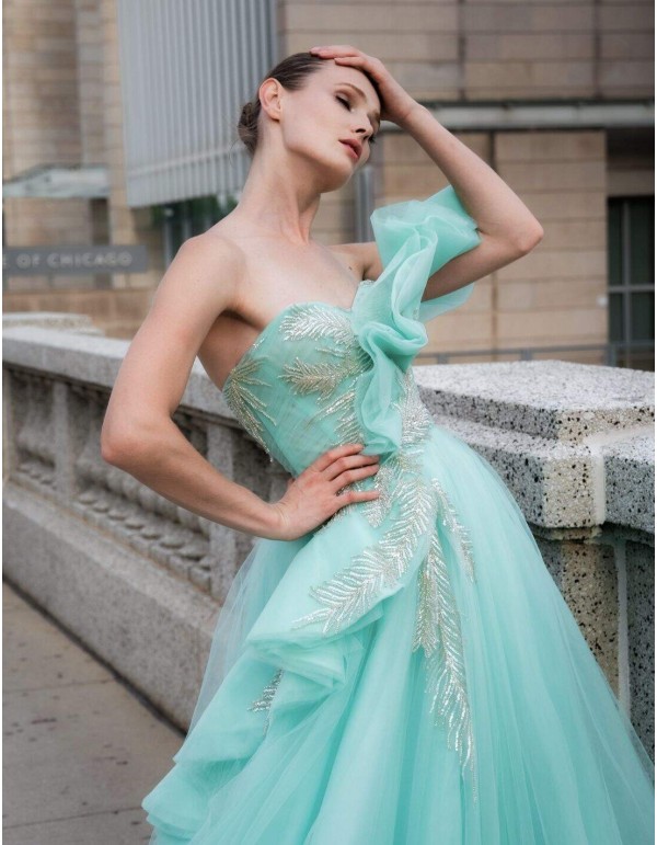Long tulle party dress with rhinestones and flounce detail 2