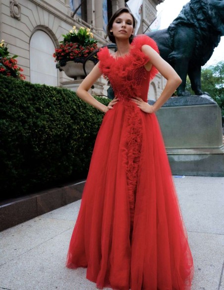 Vestido largo de fiesta con tul y volantes plisados