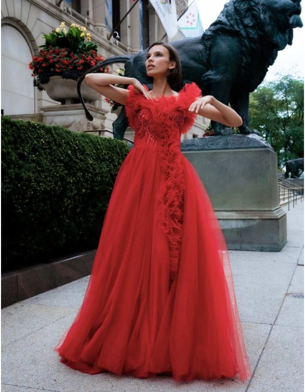 Long party dress with tulle and pleated flounces 2