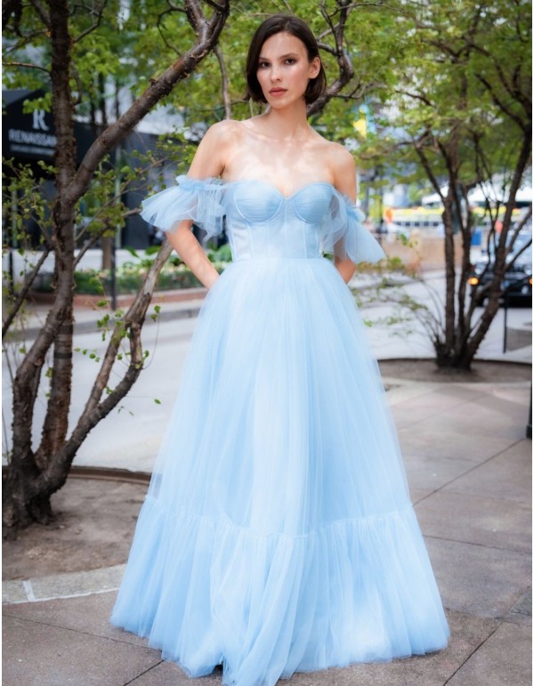 Vestido de fiesta largo de tul con cuerpo tipo corsé y mangas caídas