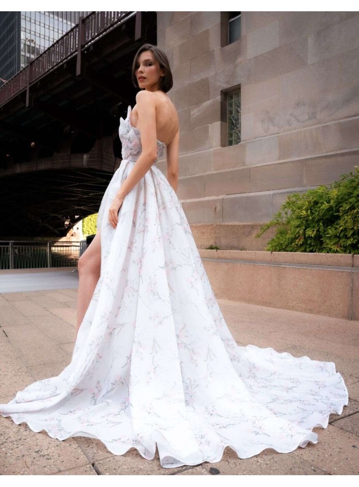 Long party dress with floral print and plunging...