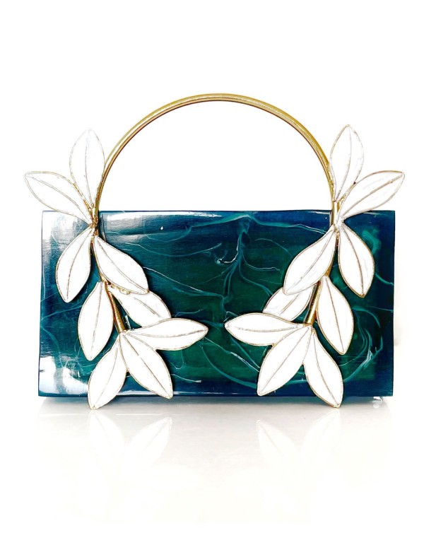Sac en nacre dure verte avec poignées en feuilles de...