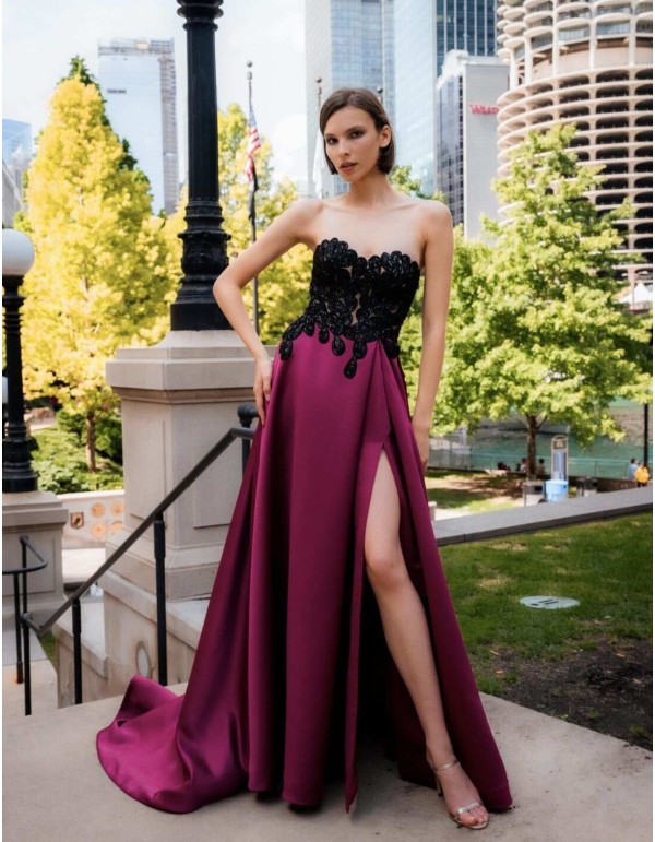 Long party dress with beaded embroidered top and side slit skirt