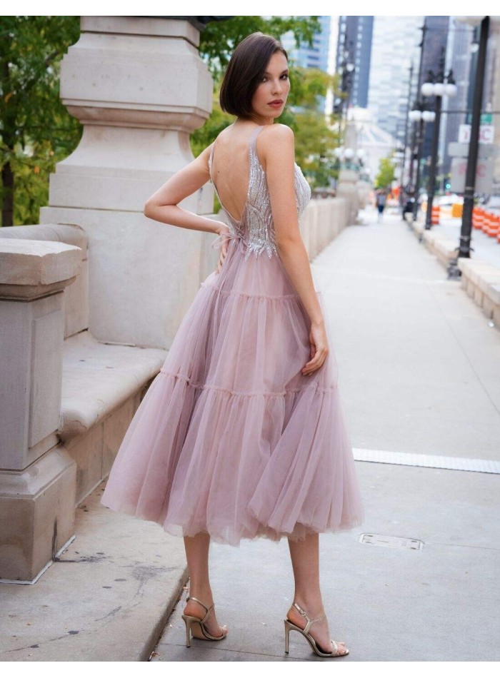 Midi party dress with beaded bodice and...