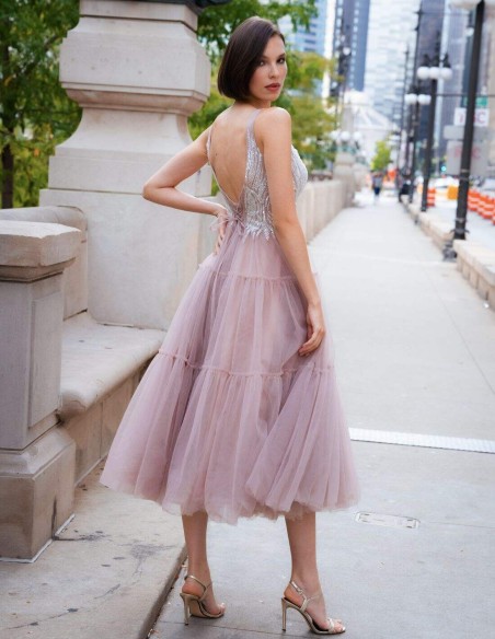 Midi party dress with beaded bodice and panelled skirt