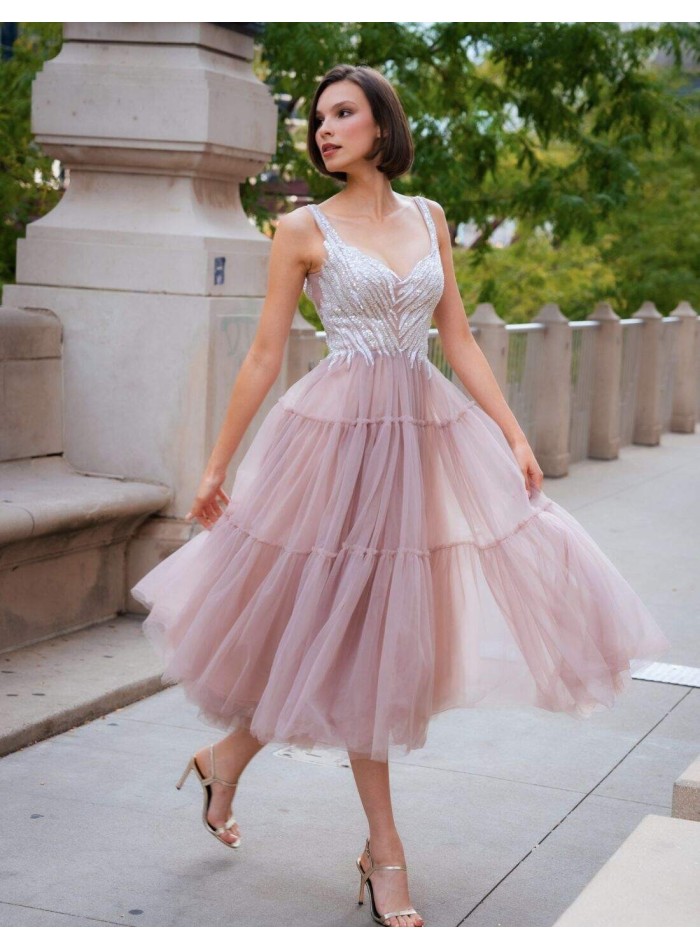 Midi party dress with beaded bodice and panelled skirt