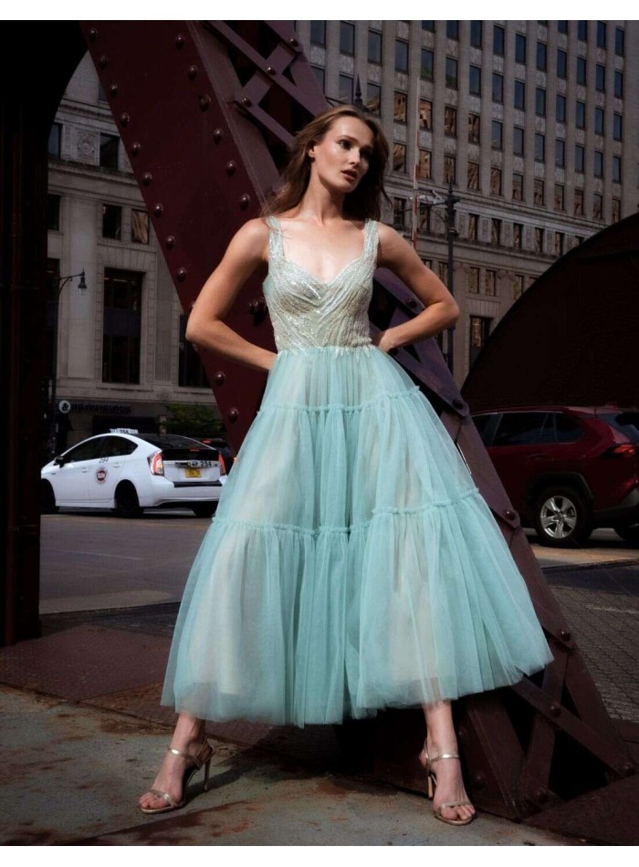 Midi party dress with beaded bodice and...