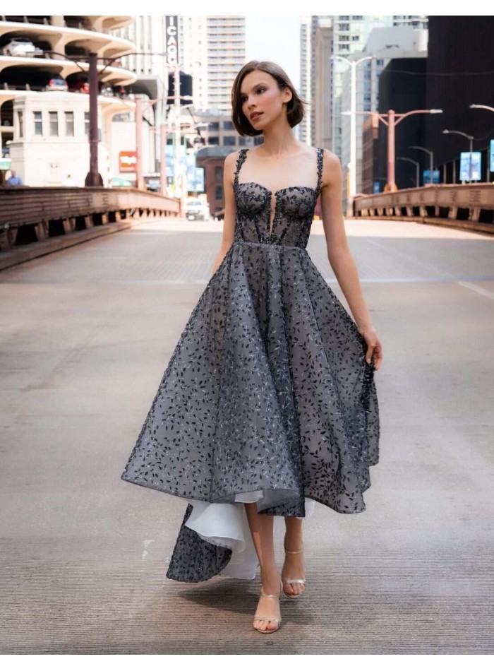 Midi party dress with corset bodice and asymmetrical skirt with shiny embroidery