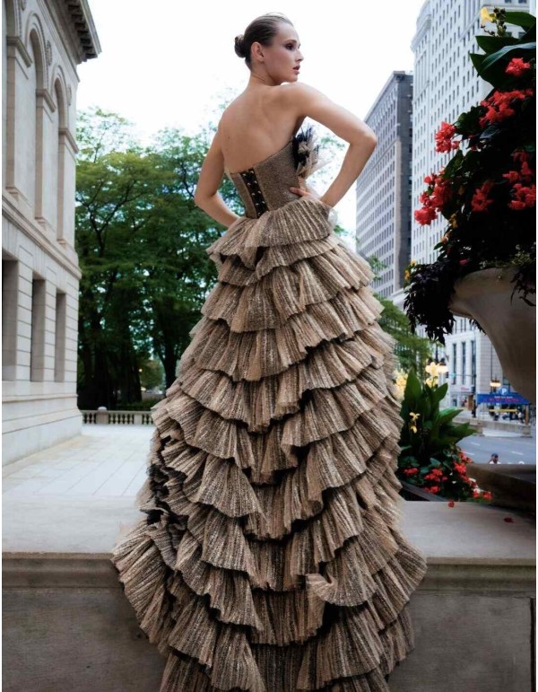 Asymmetrical party dress with tulle layers in shiny fabric 2