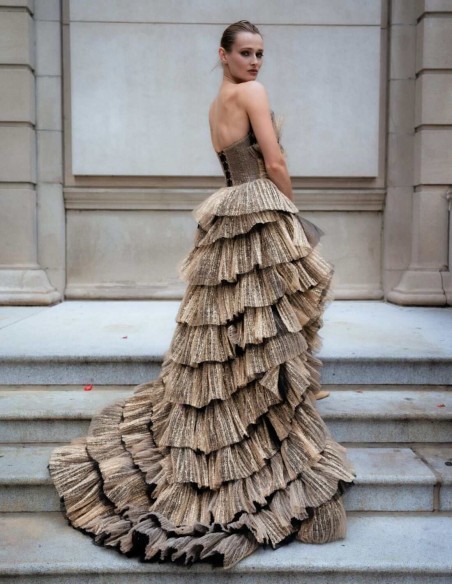 Asymmetrical party dress with tulle layers in shiny fabric