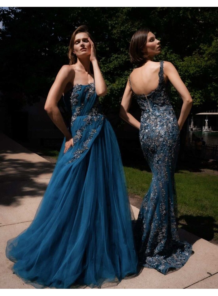 Long mermaid cut party dress with floral motif...