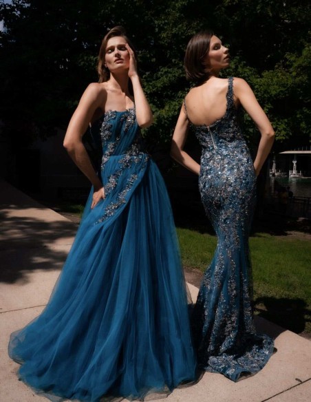 Vestido de fiesta largo en corte sirena con motivo floral y transparencias