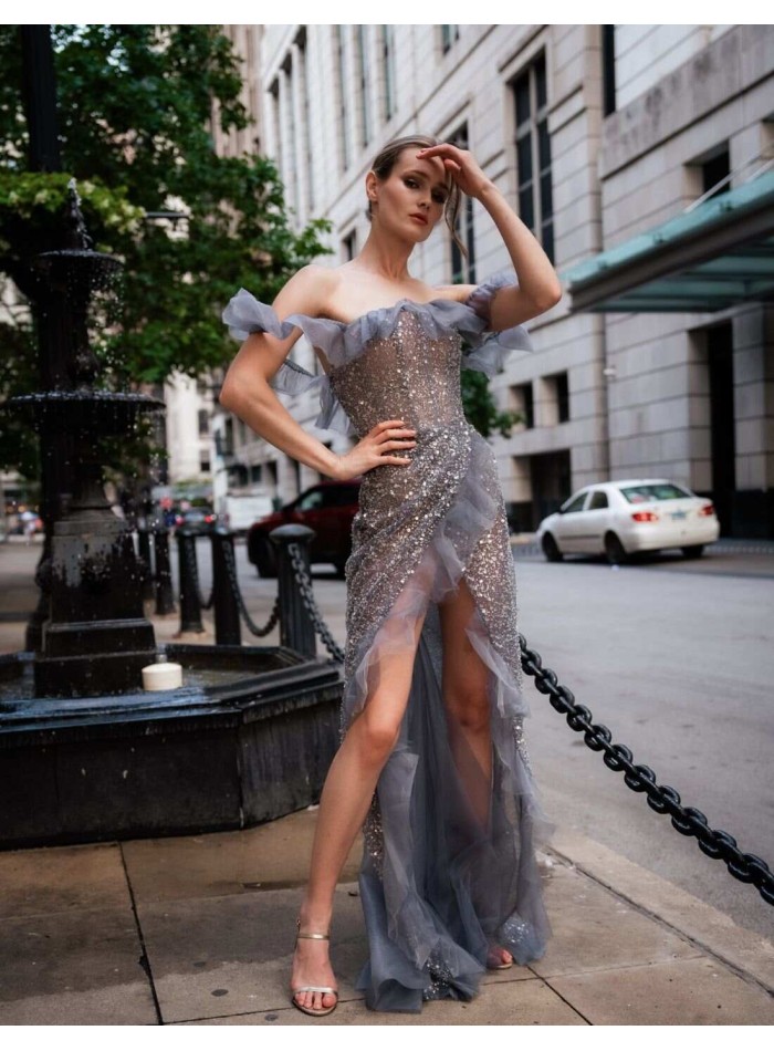 Asymmetric party dress with ruffles and sequins