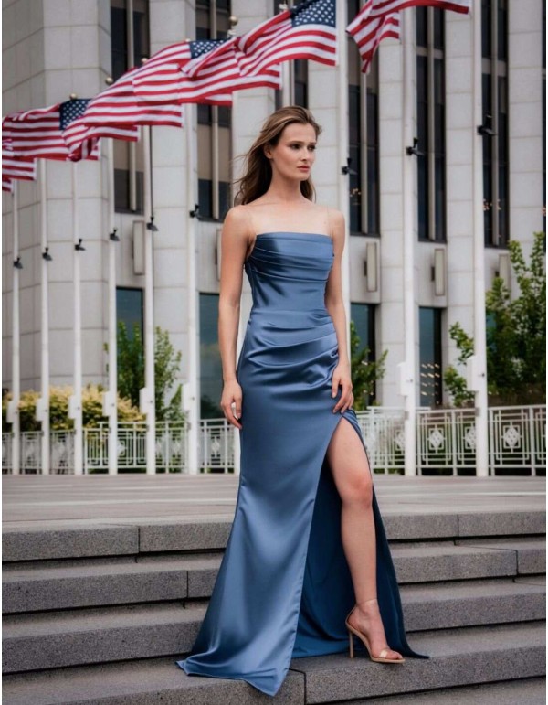 Long draped party dress with side slit and rhinestone straps