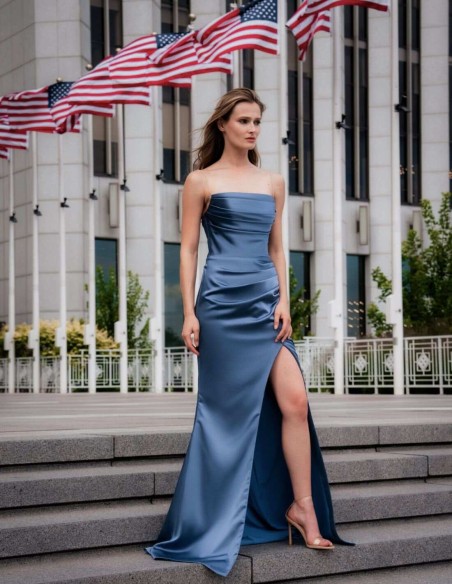 Long draped party dress with side slit and rhinestone straps