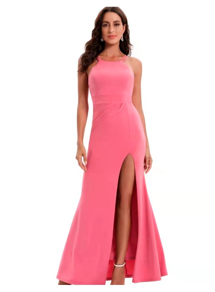 Long evening dress with halter neckline and slit