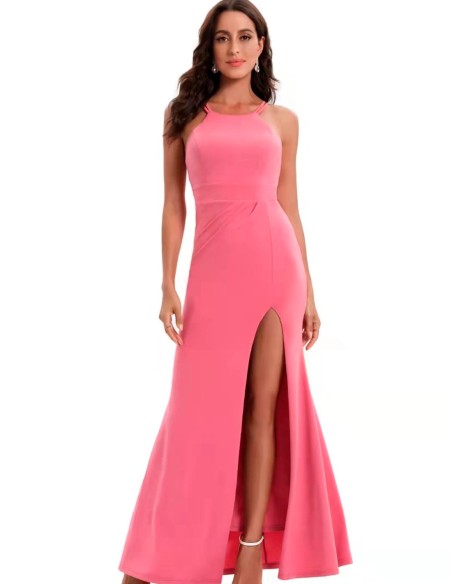 Long evening dress with halter neckline and slit