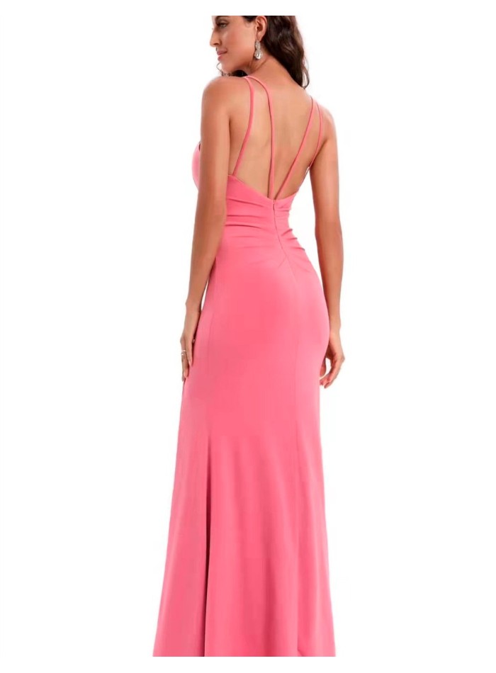 Long evening dress with halter neckline and slit