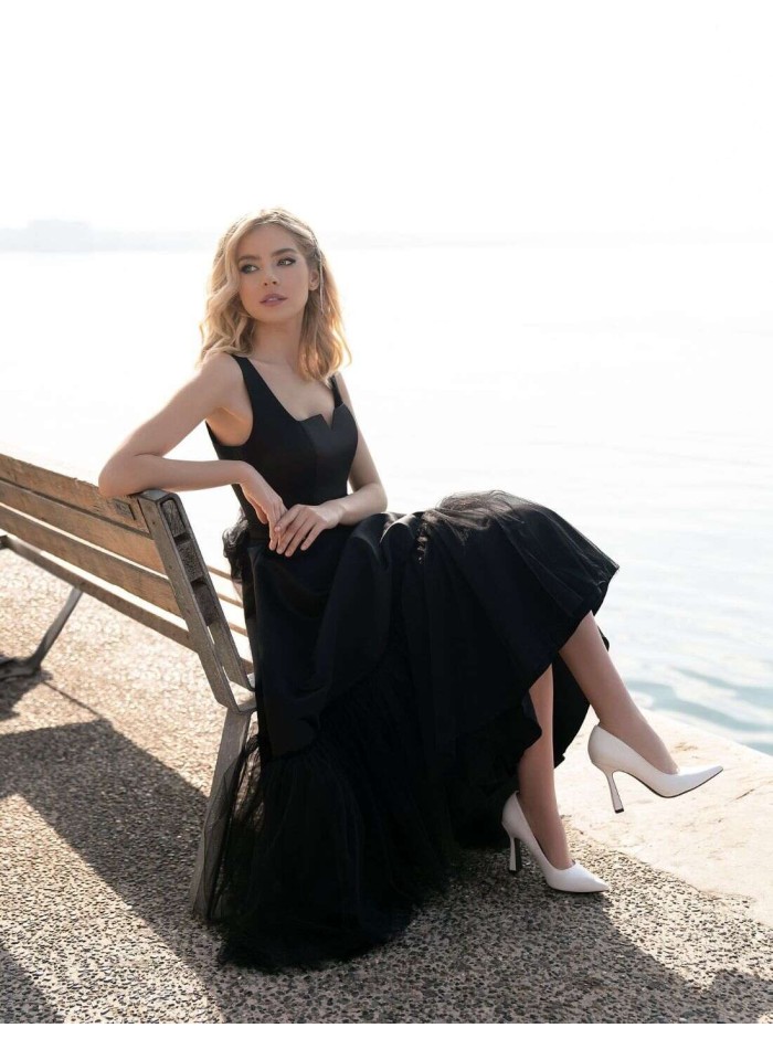 Vestido de fiesta midi falda evasé con tul y escote cuadrado-5