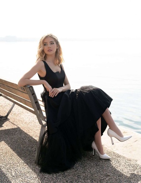 Vestido de fiesta midi falda evasé con tul y escote cuadrado-5