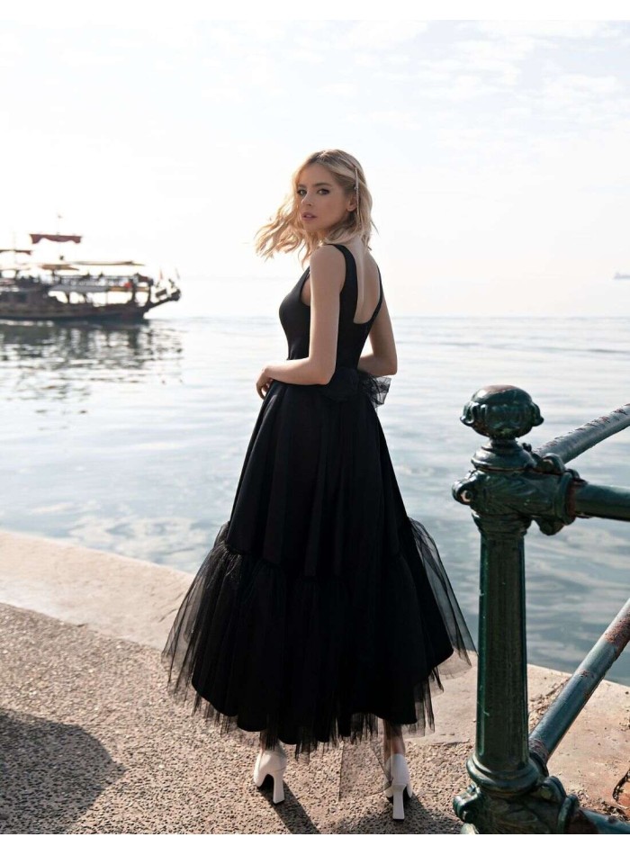 Vestido de fiesta midi falda evasé con tul y escote cuadrado-6