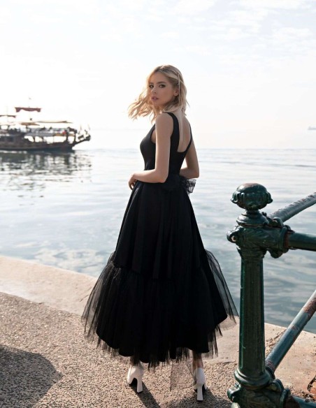 Vestido de fiesta midi falda evasé con tul y escote cuadrado-6