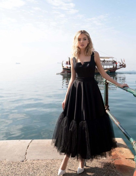 Vestido de fiesta midi falda evasé con tul y escote cuadrado-2