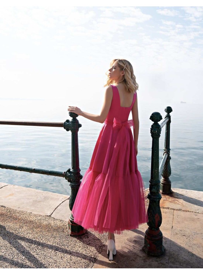 Vestido de fiesta midi falda evasé con tul y escote cuadrado-4