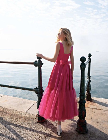 Vestido de fiesta midi falda evasé con tul y escote cuadrado-4