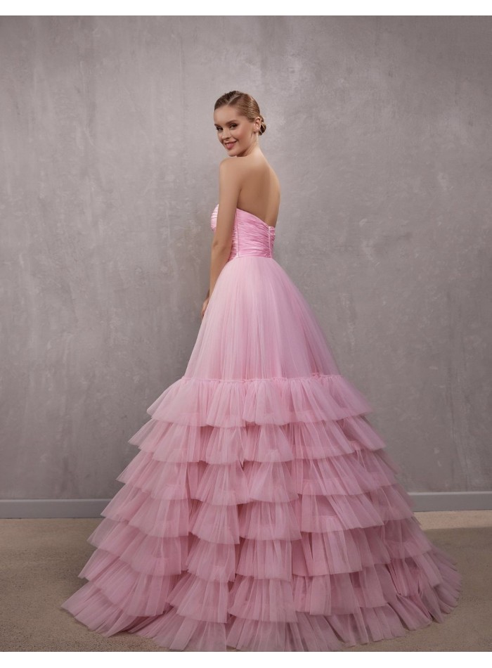 Vestido de gala palabra de honor con maxi falda de tul rosa-1