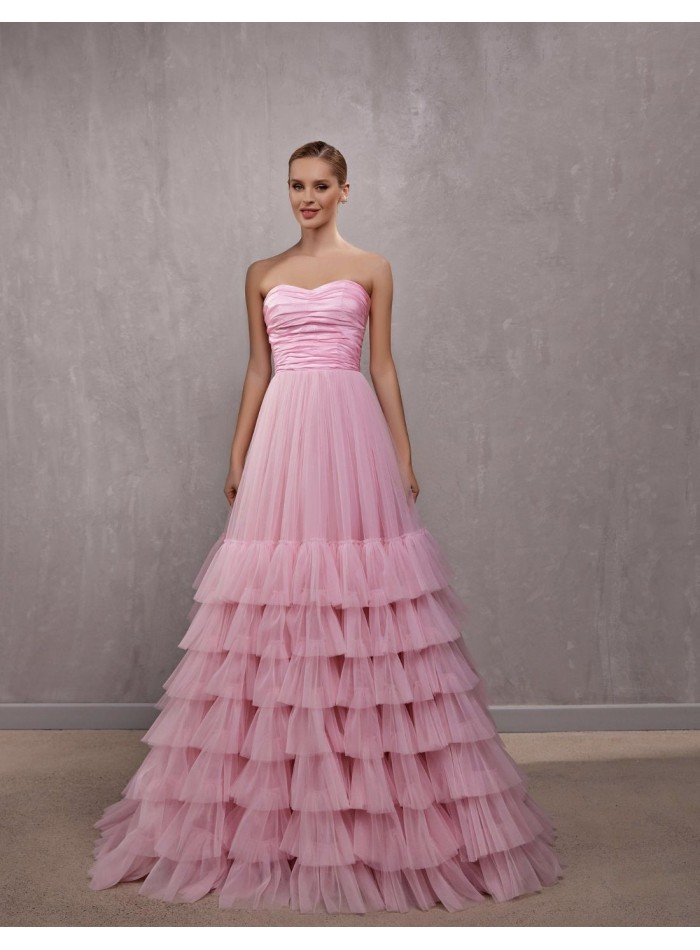 Strapless ball gown with pink tulle maxi skirt