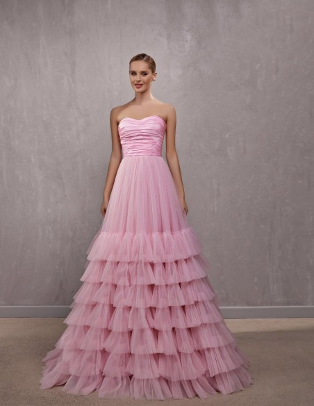 Strapless ball gown with pink tulle maxi skirt