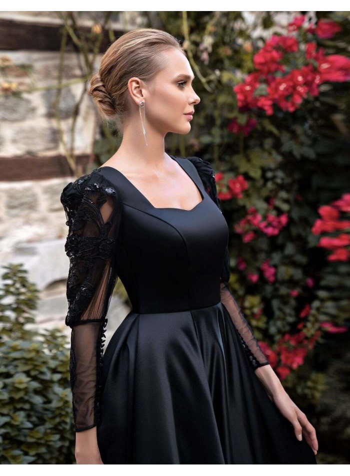 Long ball gown with embroidered sleeves and satin maxi skirt-3