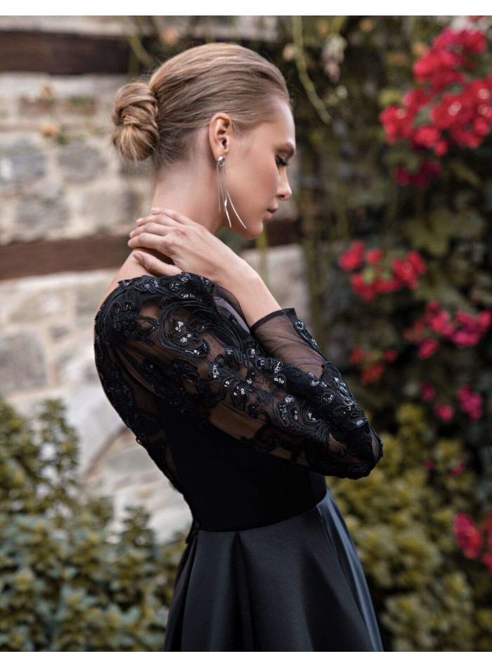 Long ball gown with embroidered sleeves and satin maxi skirt-4