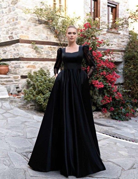 Long ball gown with embroidered sleeves and satin maxi skirt-1