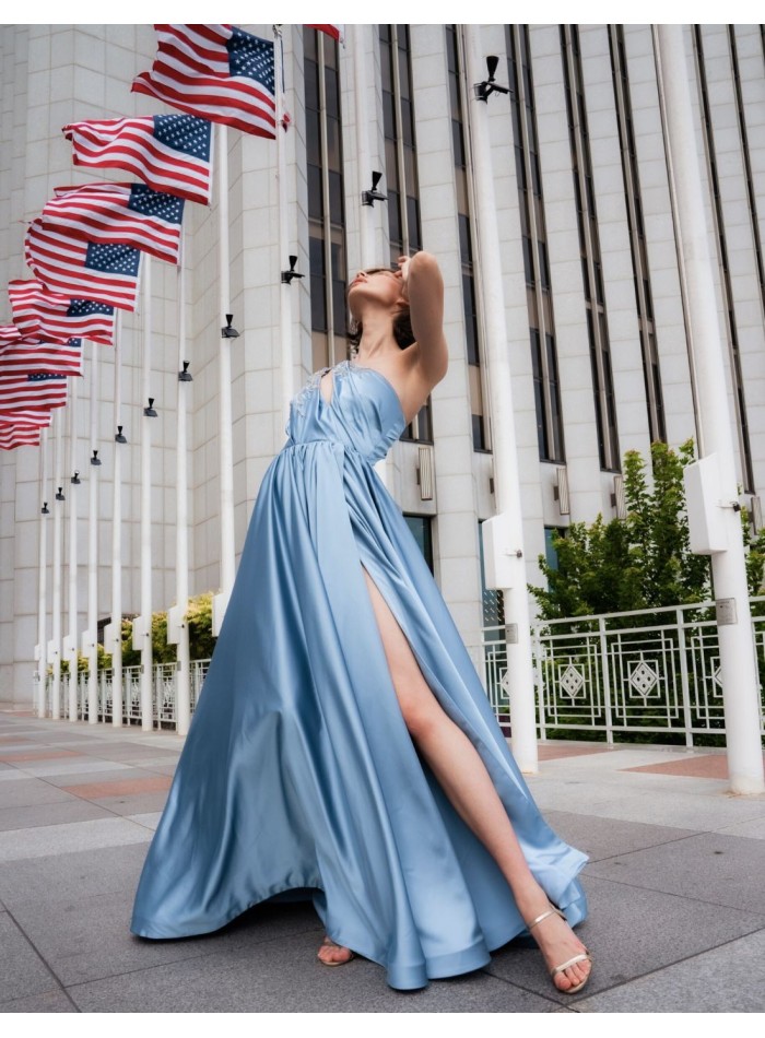 Long party dress with asymmetrical neckline and...