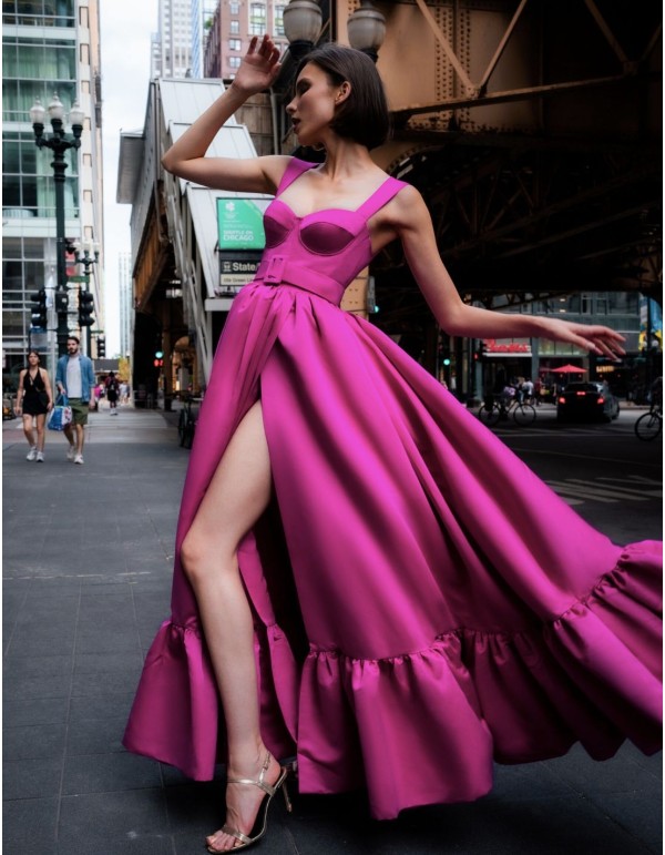 Long party dress with sweetheart neckline and side slit with belt