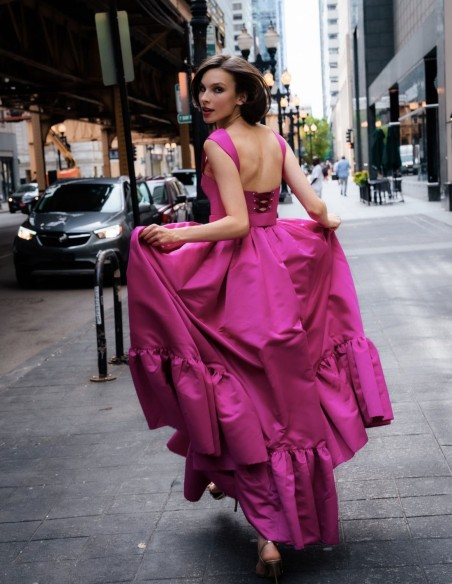 Long party dress with sweetheart neckline and side slit with belt