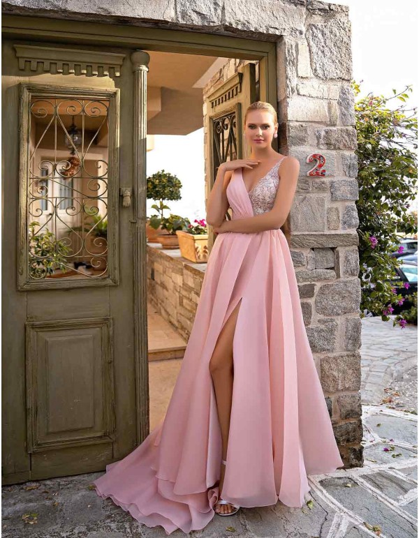 Long party dress with rhinestone bodice and voluminous skirt 2