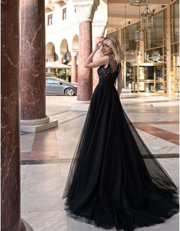 Gala dress with embroidered rhinestone body and tulle...