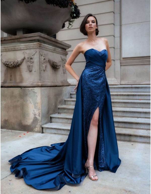 Vestido largo de fiesta con escote corazón cruzado y purpurina 2