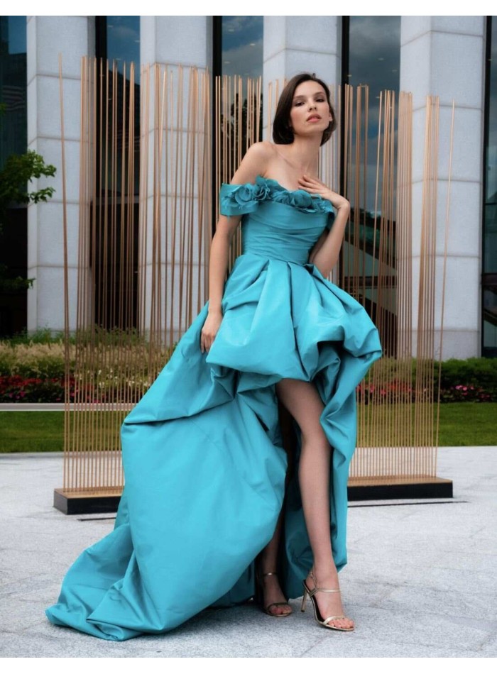 Asymmetrical long party dress with flowers and...