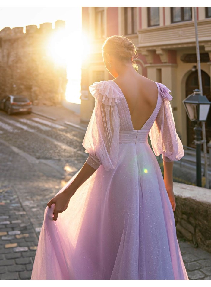 Midi party dress with puffed sleeves and decorative belt for guests