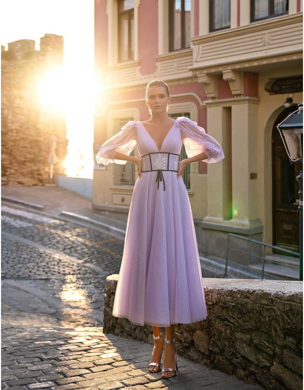 Vestido de fiesta midi con manga abullonada y cinturón decorativo para eventos 2