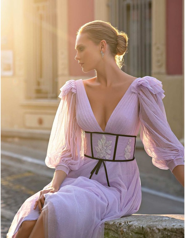 Vestido de fiesta midi con manga abullonada y cinturón decorativo para eventos