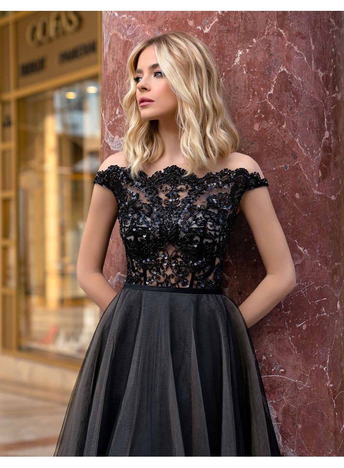 Long party dress with embroidered bodice and tulle maxi skirt by Emabride