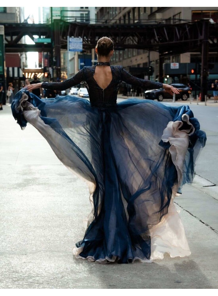 Vestido largo de fiesta con transparencias y...