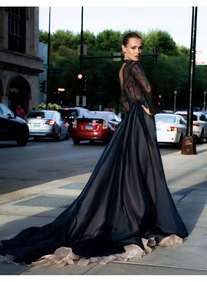 Vestido largo de fiesta con transparencias y...