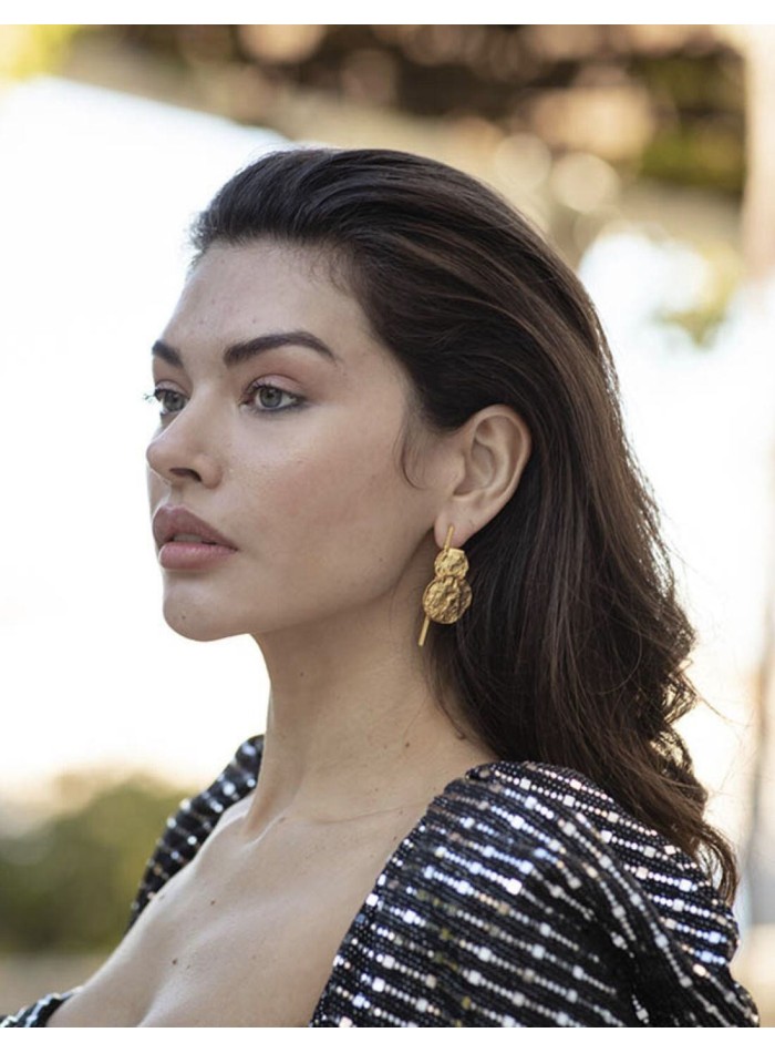 Gold party earrings with circles and texture